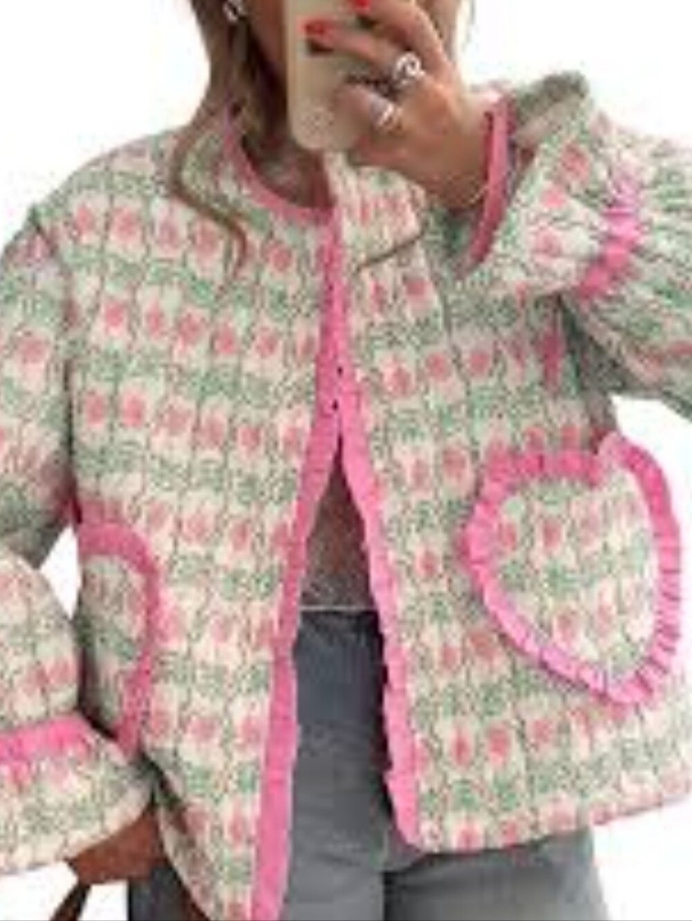 Amazon Pink & Cream Quilted Jacket with Heart Pockets
